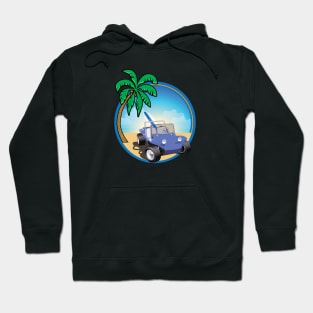 Blue Dune Buggy with Surfboard and Palm Hoodie